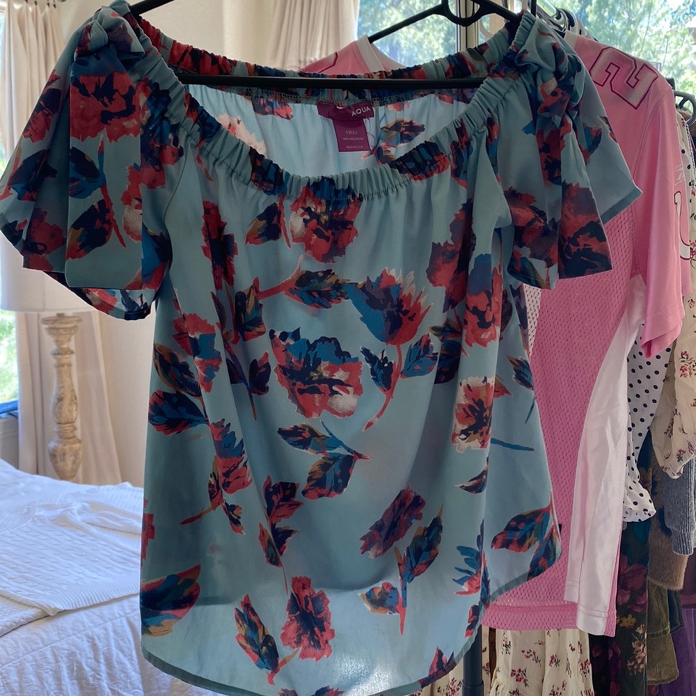 Aqua Floral Blouse w/ Ties